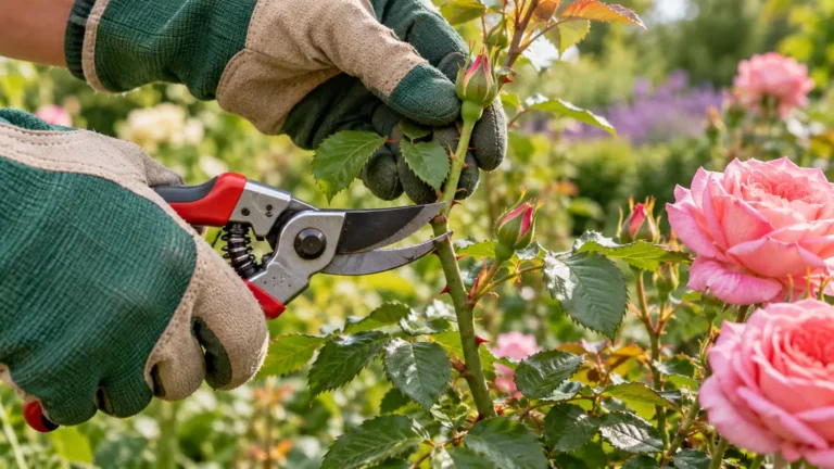 Sécateur coupant une tige de rosier au-dessus d'un bourgeon