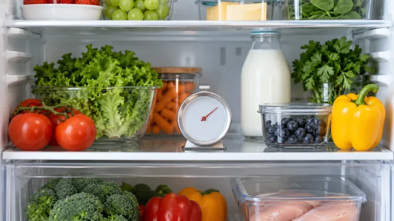 Thermomètre posé sur une étagère d'un réfrigérateur rempli d'aliments