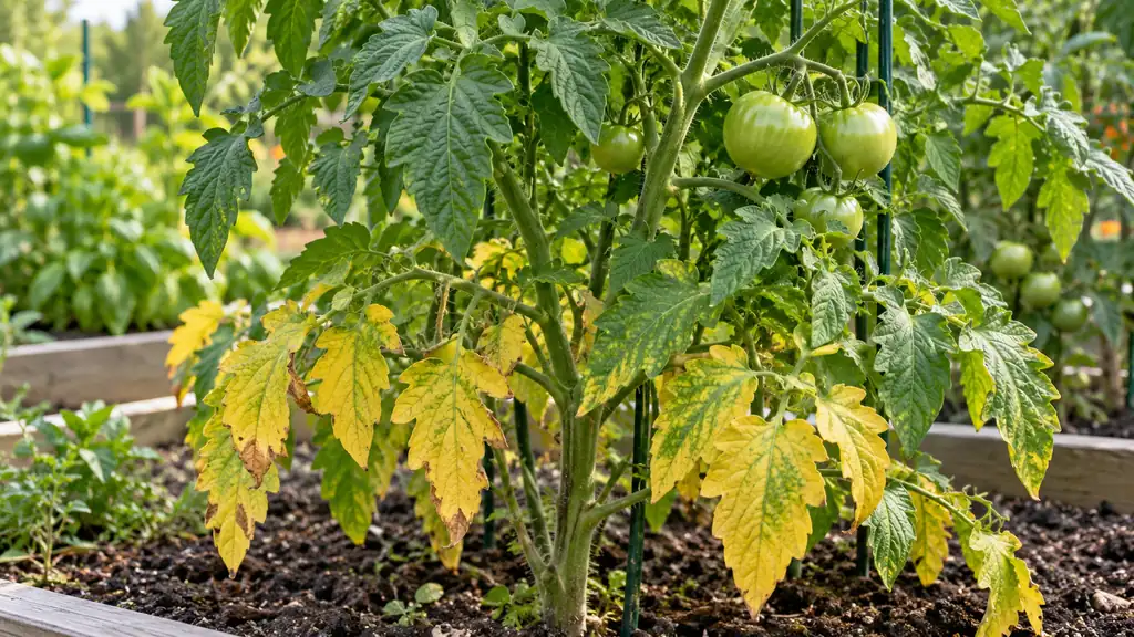 Plant de tomate dont les feuilles du bas jaunissent, avec des fruits verts