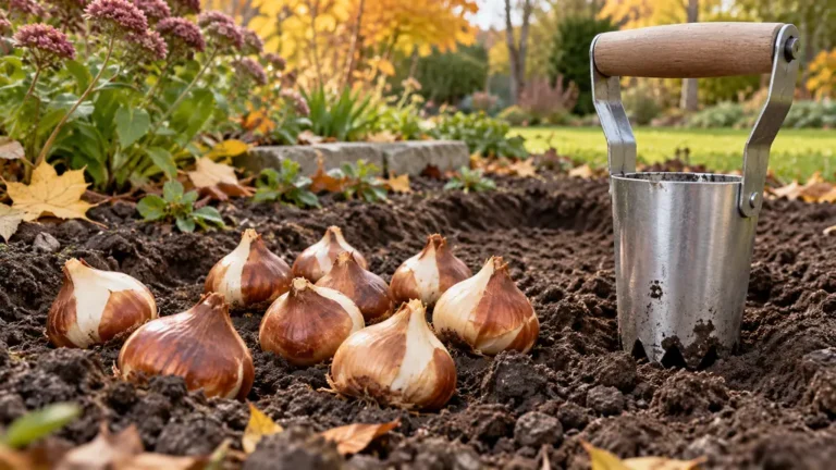 Bulbes de tulipes posés à côté d'un plantoir sur de la terre fraîche
