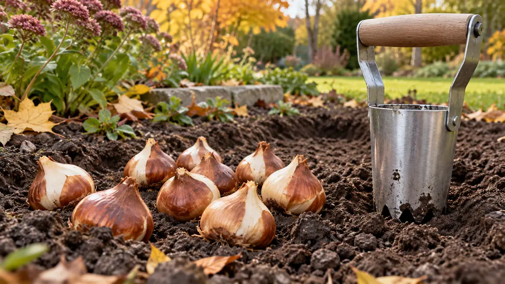 Bulbes de tulipes posés à côté d'un plantoir sur de la terre fraîche
